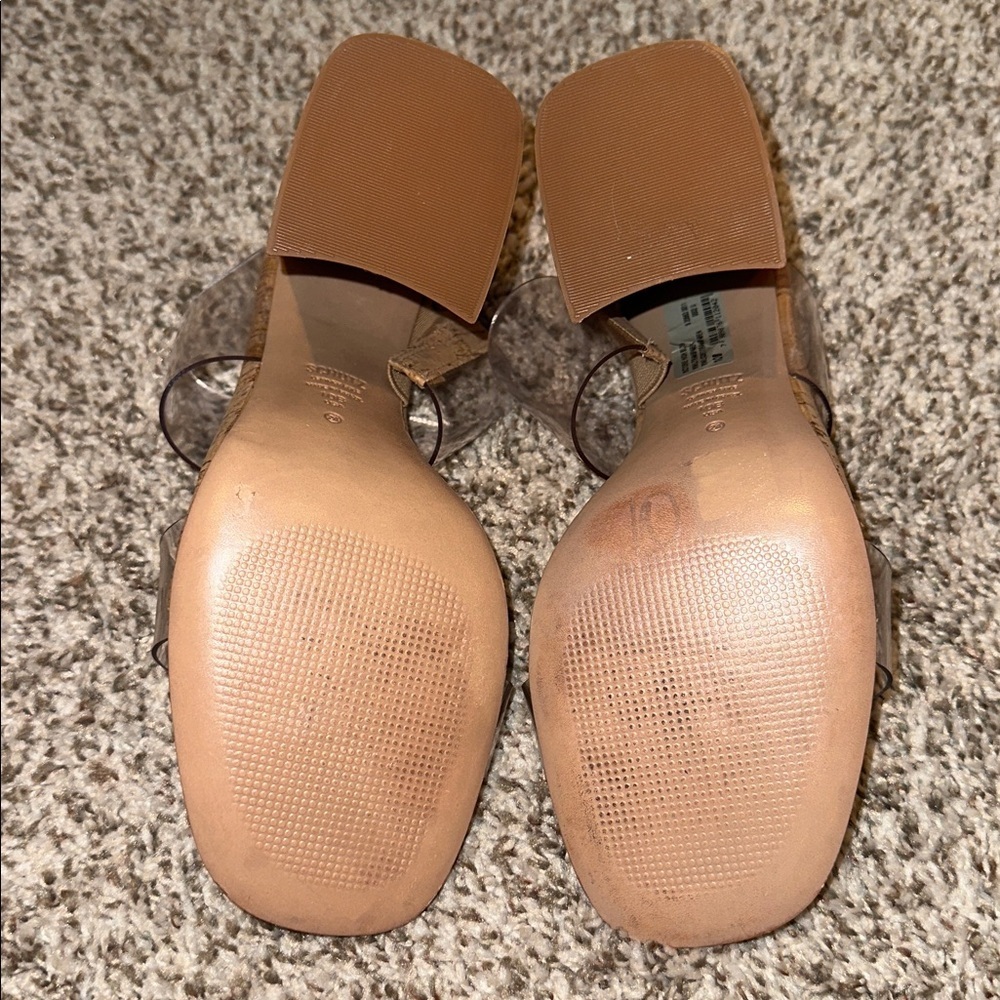 Schutz Victorie Beige Cork & Transparent Vinyl High Block Heel Sandals, Size 10 - Picture 10 of 14